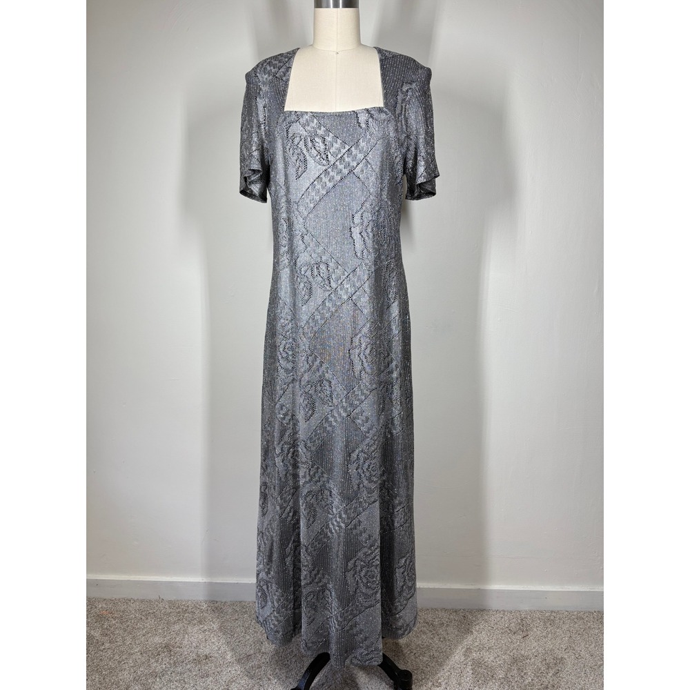 Vintage 90s Onyx Nite Silver Maxi Dress 14 Metallic Floral Formal Evening Mesh